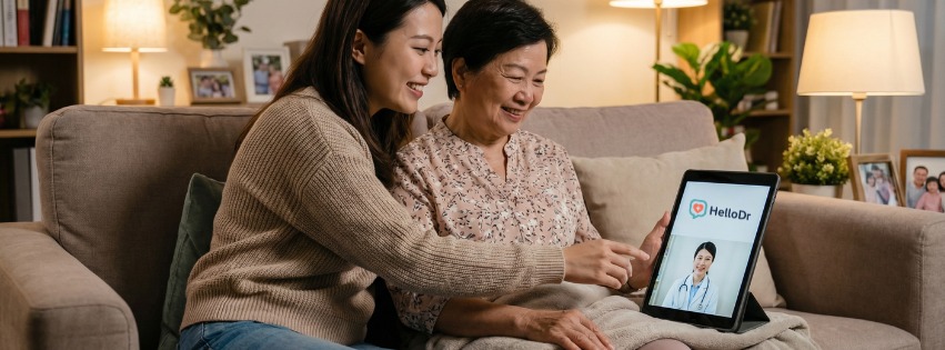Family consulting a HelloDr doctor via video call on a tablet